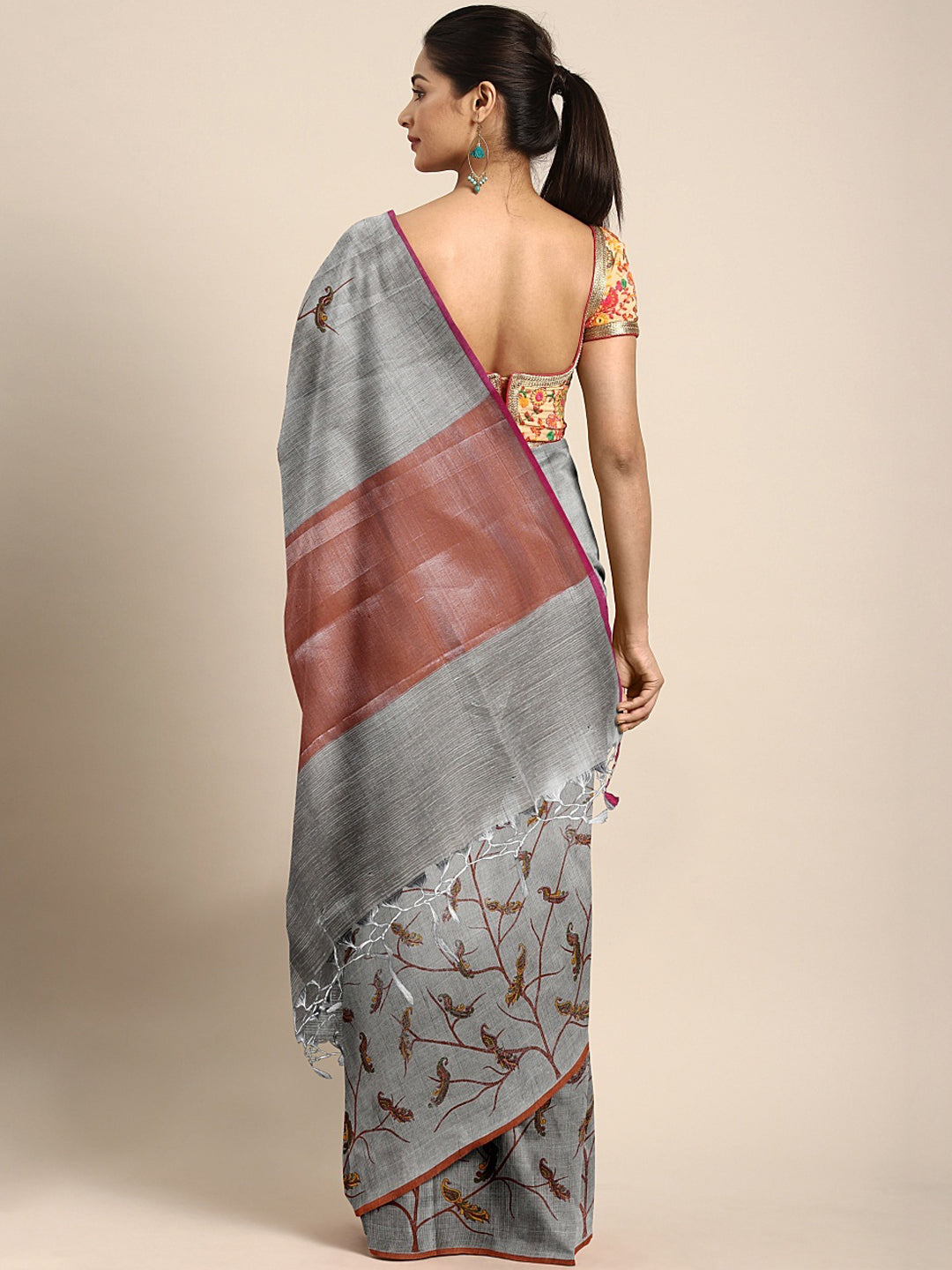 Neerus Grey Printed Saree With Blouse