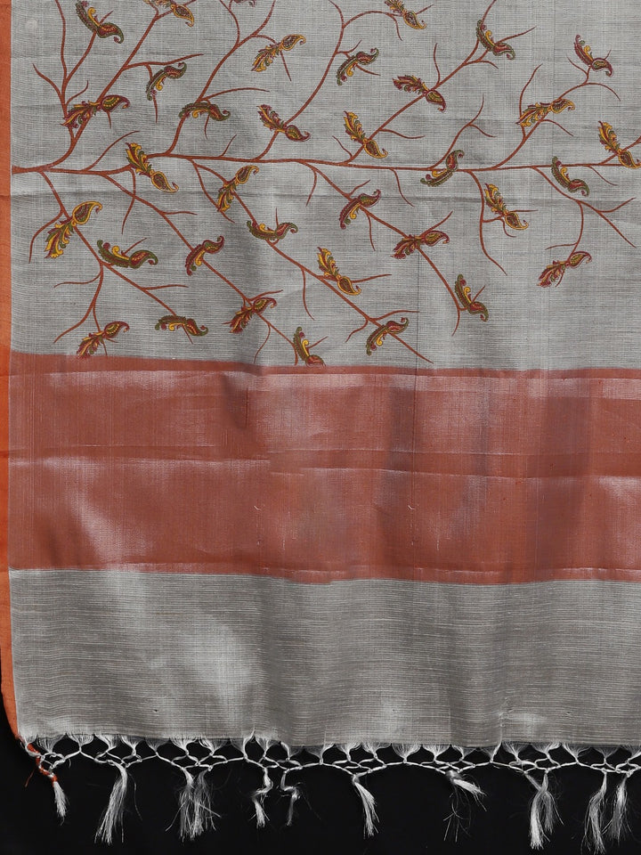 Neerus Grey Printed Saree With Blouse