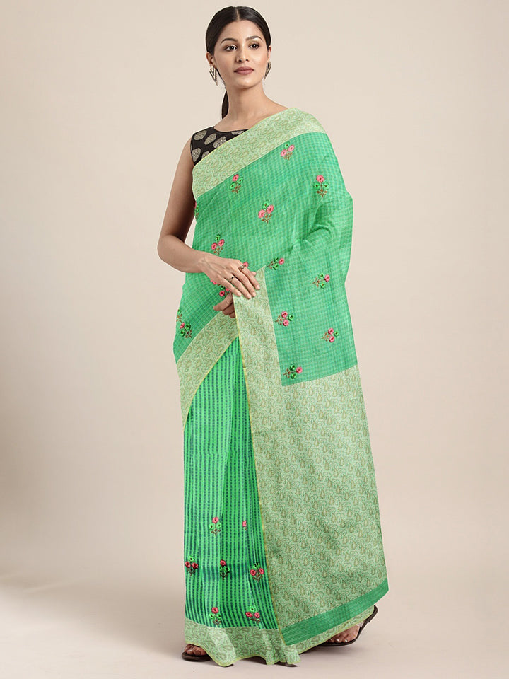 Neerus Green Color Silk Cotton Fabric Saree With Blouse Piece