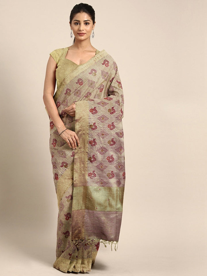 Neerus Beige Pink Polyester Woven Design Saree