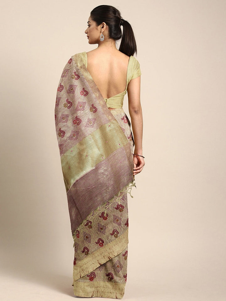 Neerus Beige Pink Polyester Woven Design Saree