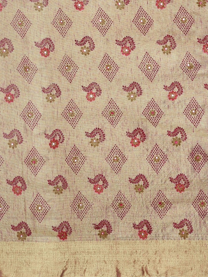 Neerus Beige Pink Polyester Woven Design Saree