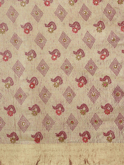 Neerus Beige  Pink Polyester Woven Design Saree