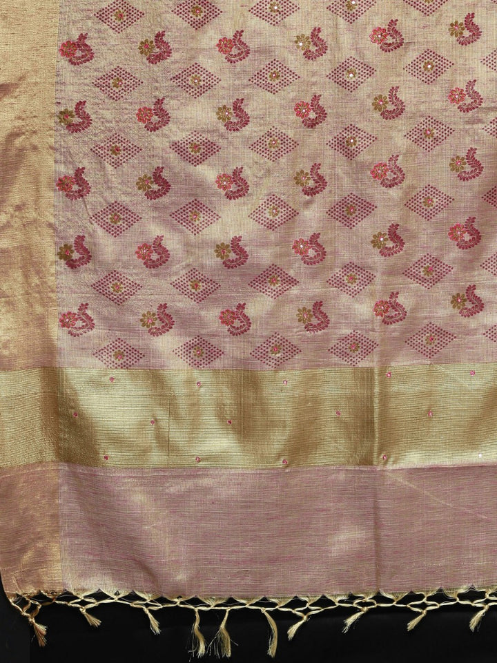 Neerus Beige Pink Polyester Woven Design Saree
