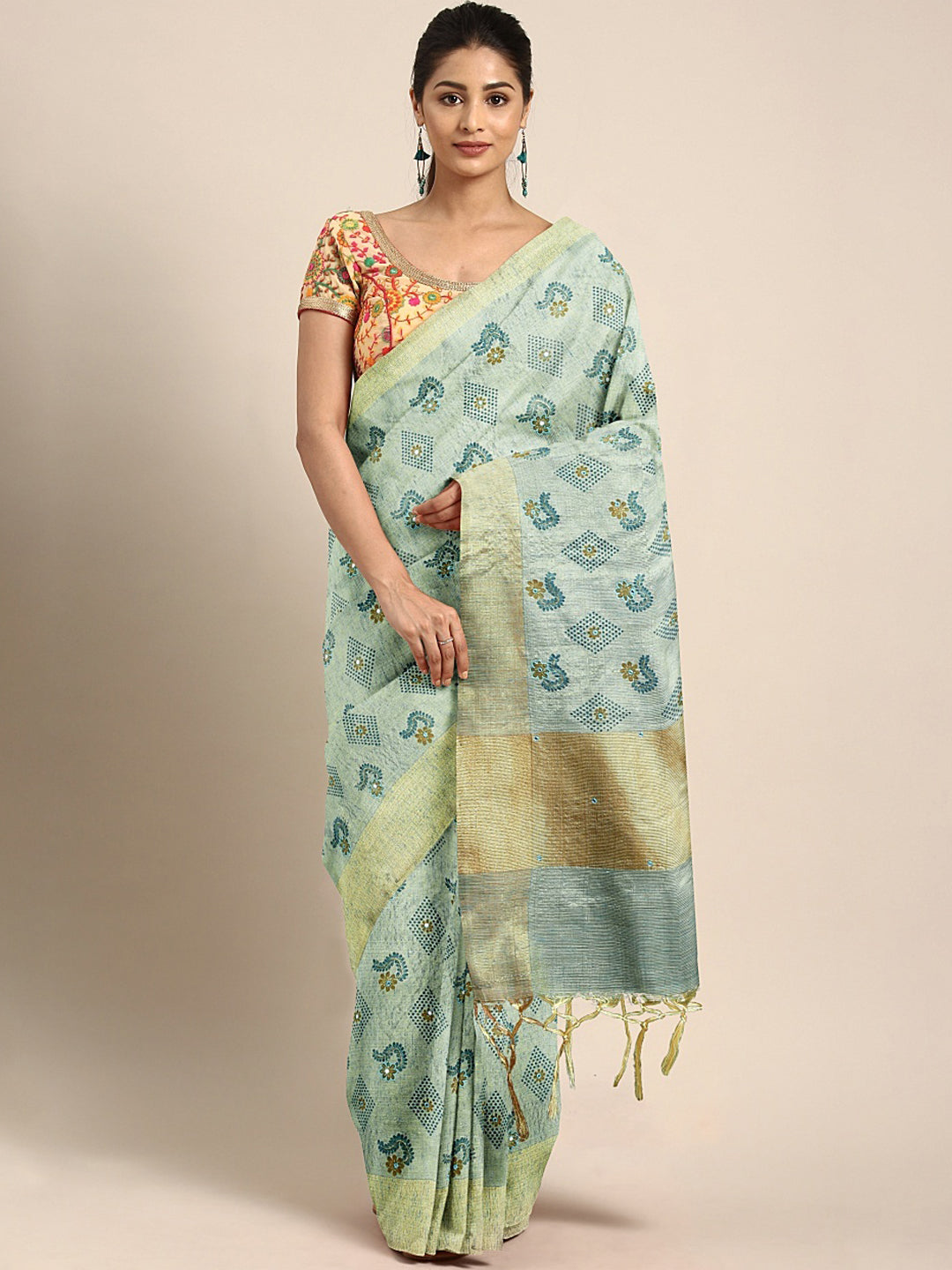 Neeru's Sea Blue Color Tissue Fabric Saree