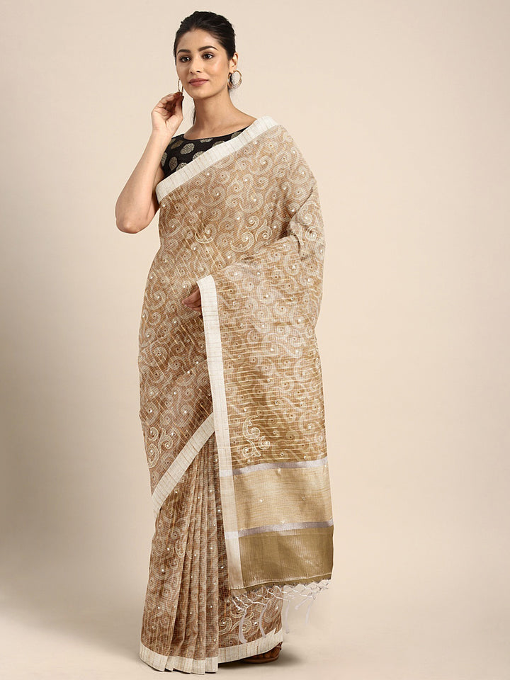 Neerus Beige Woven Design Tissue Saree
