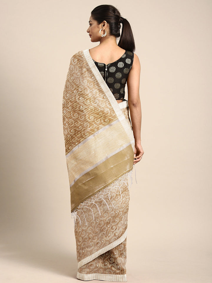 Neerus Beige Woven Design Tissue Saree