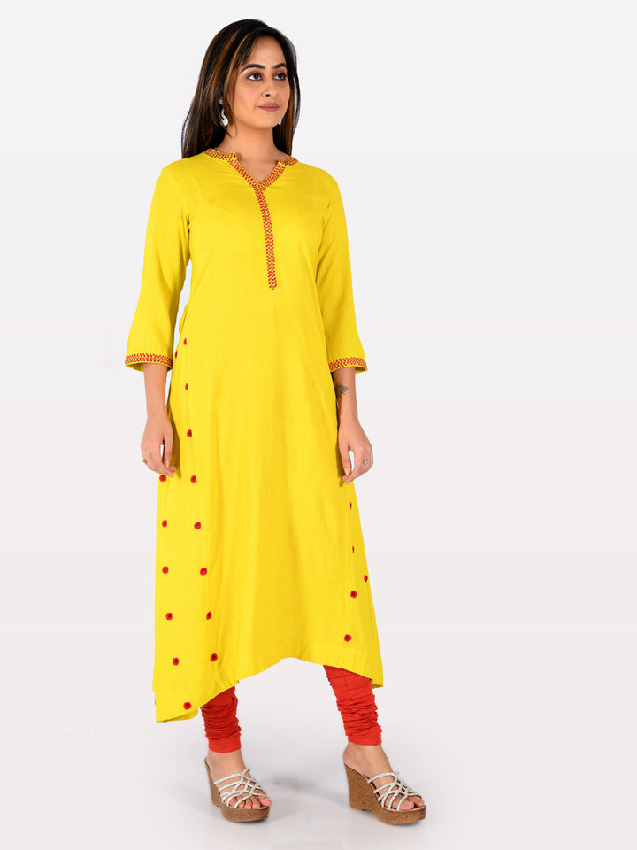 Neerus Yellow Embroidered Flared Kurta