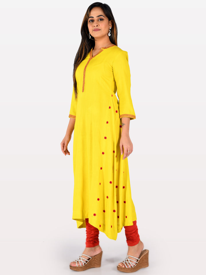 Neerus Yellow Embroidered Flared Kurta