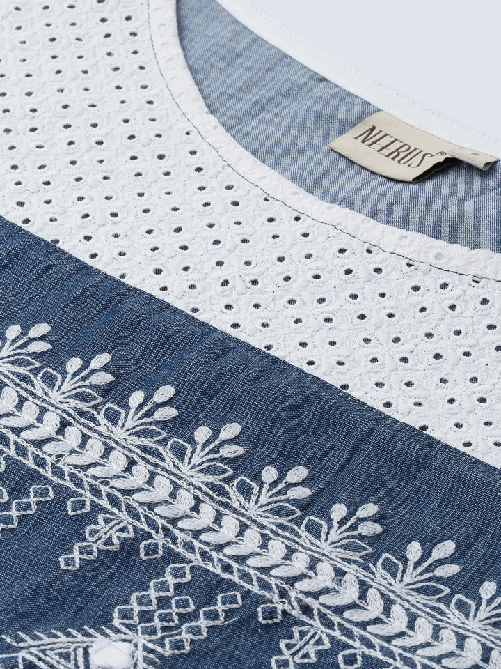 Neerus Women Blue White Embroidered Yoke Design Straight Chambray Kurta