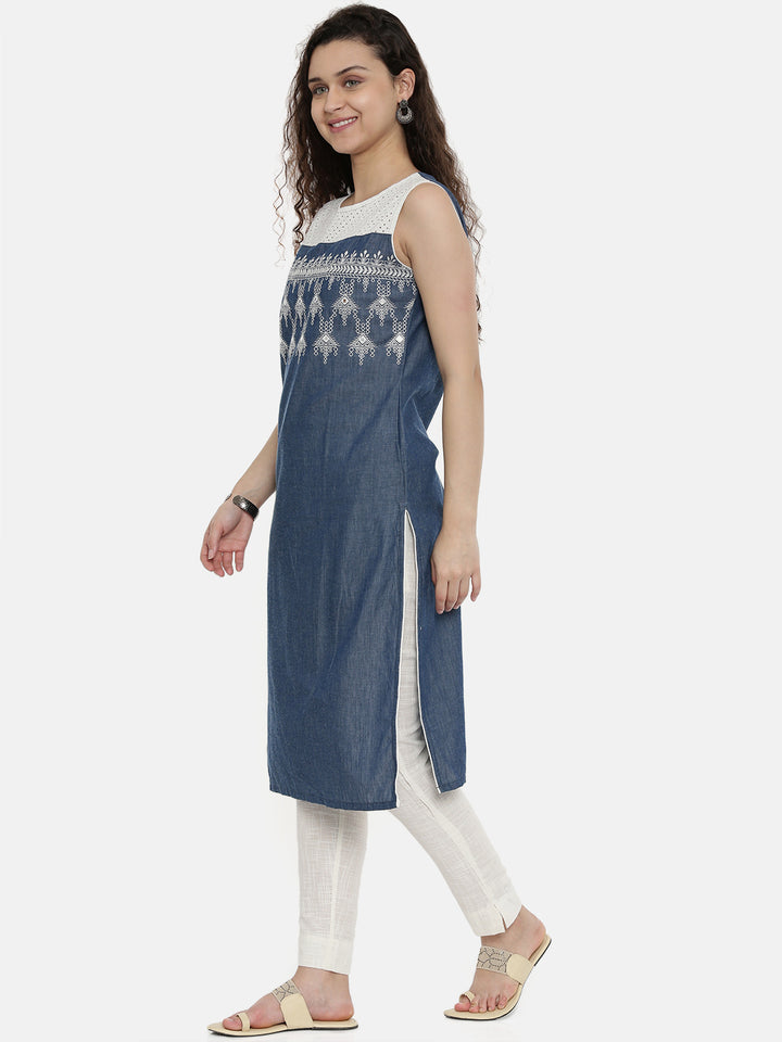 Neerus Women Blue White Embroidered Yoke Design Straight Chambray Kurta