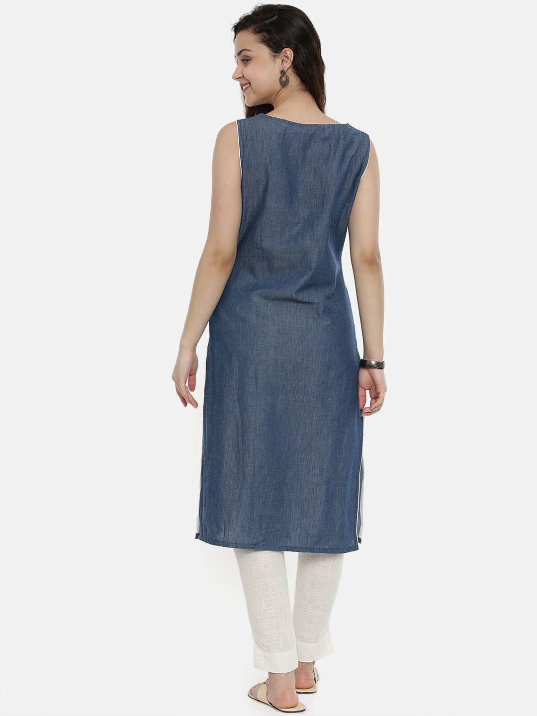 Neerus Women Blue White Embroidered Yoke Design Straight Chambray Kurta