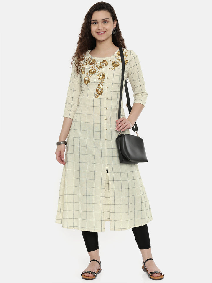 Neerus White embroidered straight kurti - front view