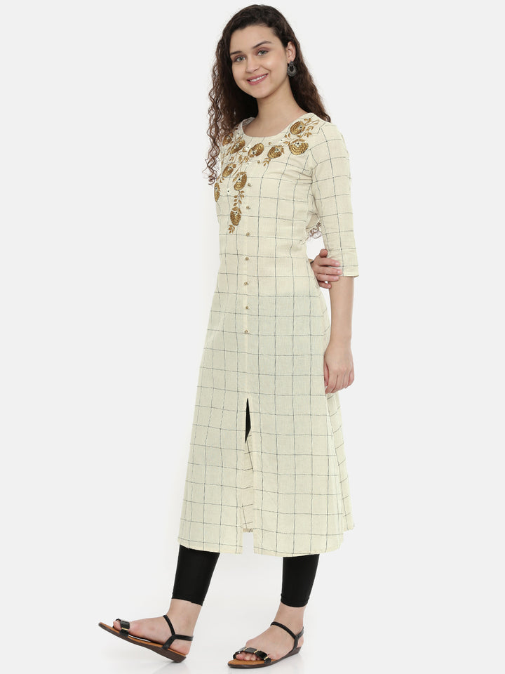 Neerus White embroidered straight kurti - side view