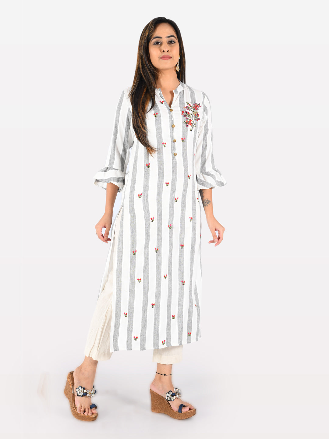 Neerus Grey Embroidered Straight Kurta