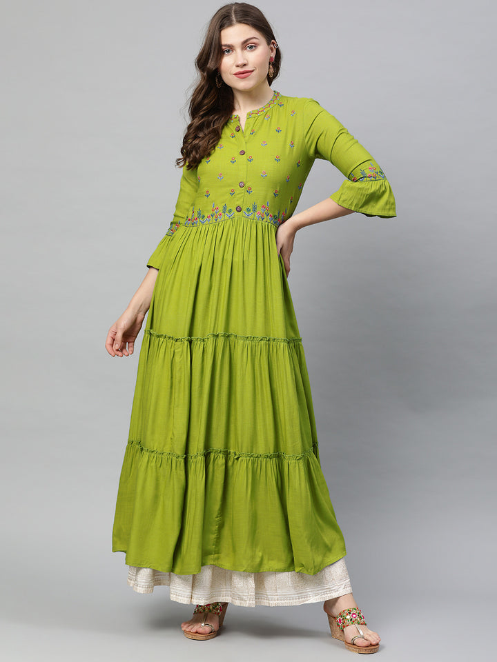 Neerus Green rayon woven A-line tiered kurta - front view