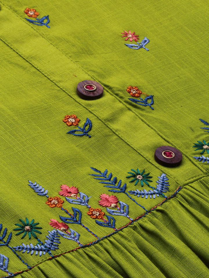 Neerus Green rayon woven A-line tiered kurta - back view