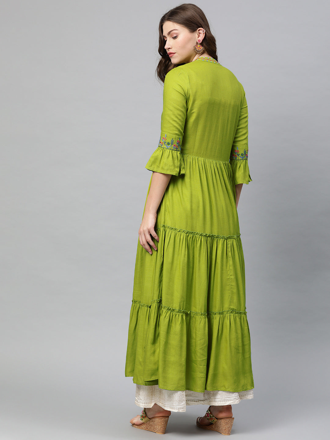 Neerus Green rayon woven A-line tiered kurta - detail view 1