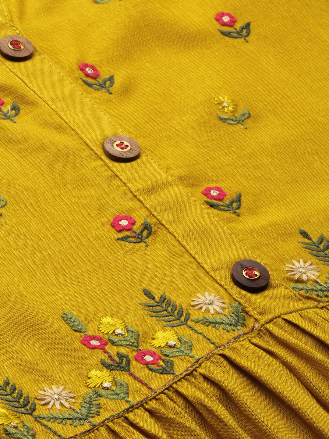 Neeru's Women Mustard Yellow Embroidered A-Line Tiered Kurta