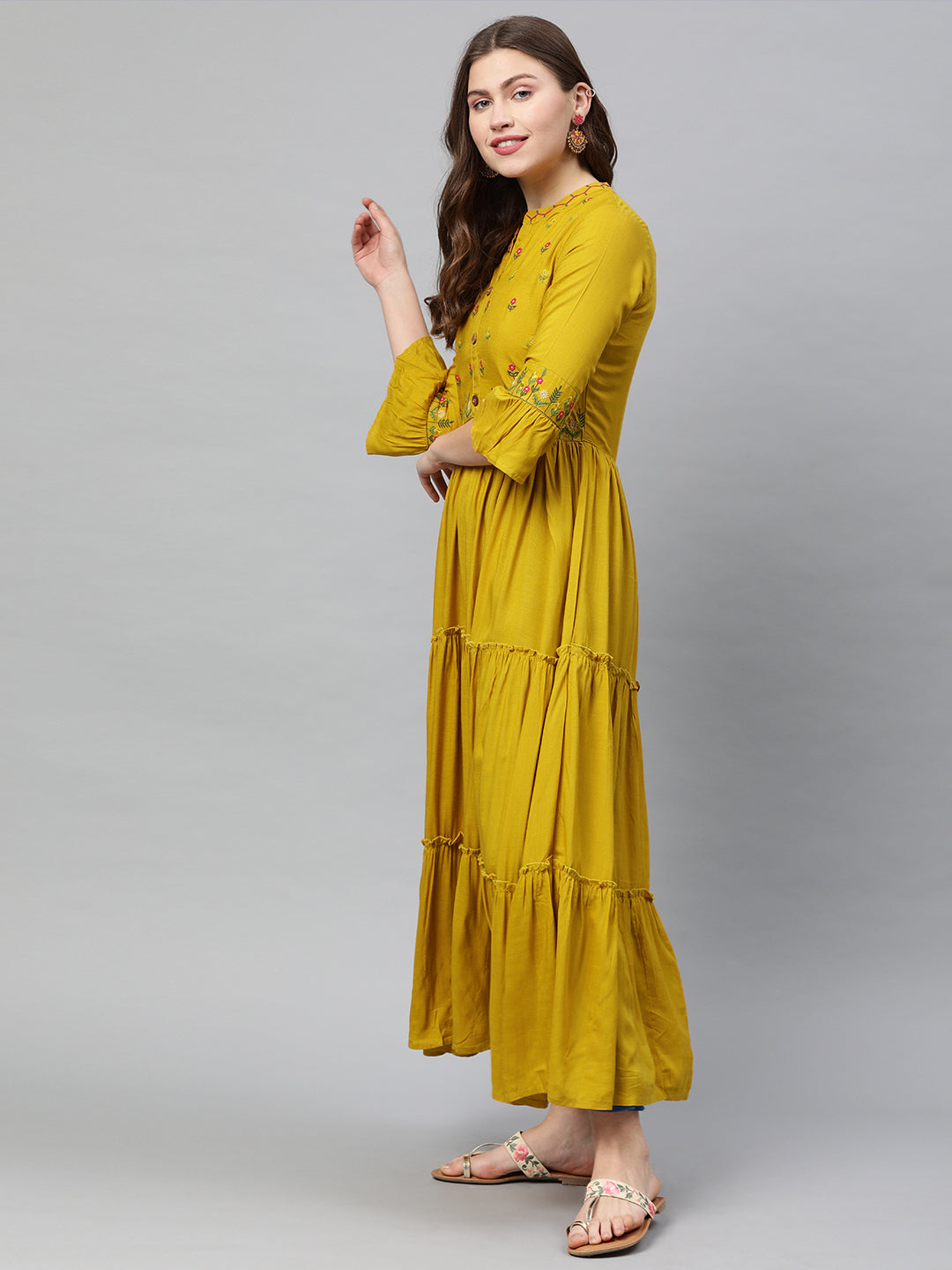Neerus Women Mustard Yellow Embroidered A-Line Tiered Kurta