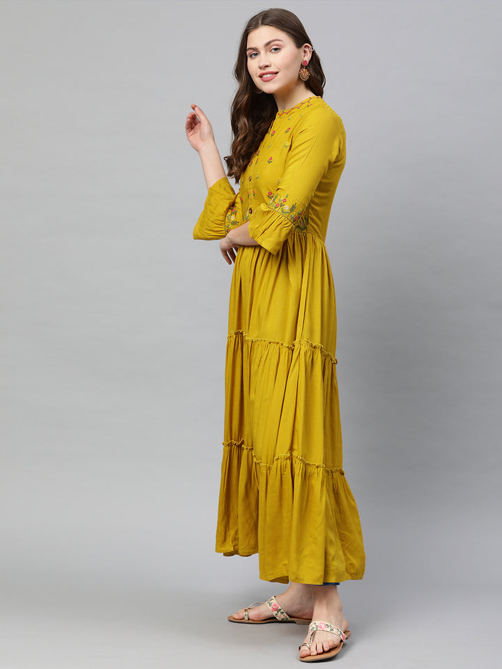 Neerus Women Mustard Yellow Embroidered A-Line Tiered Kurta