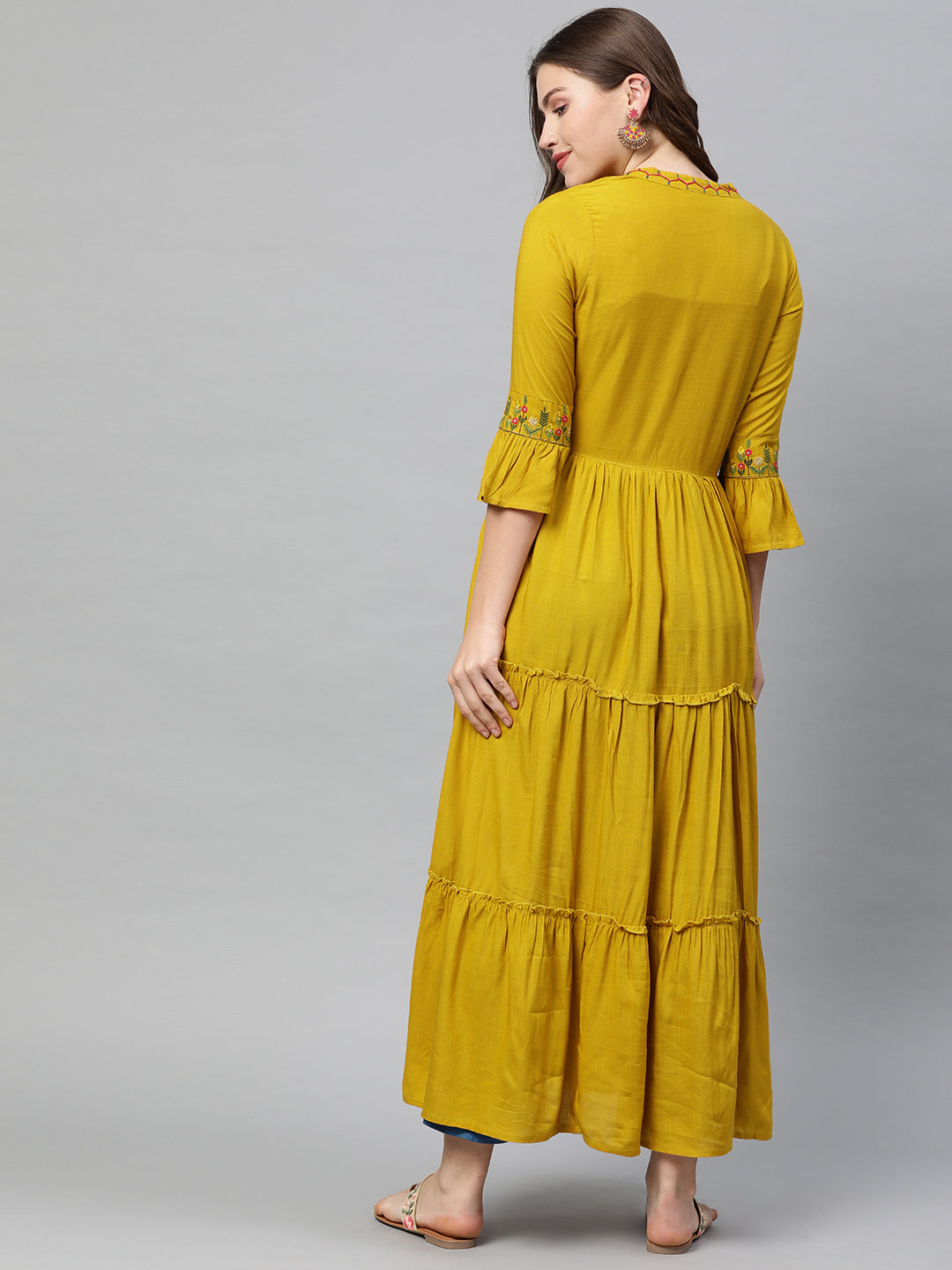 Neerus Women Mustard Yellow Embroidered A-Line Tiered Kurta