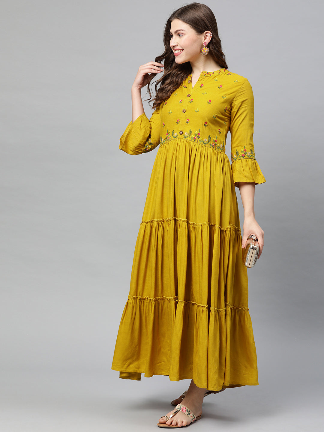 Neerus Women Mustard Yellow Embroidered A-Line Tiered Kurta
