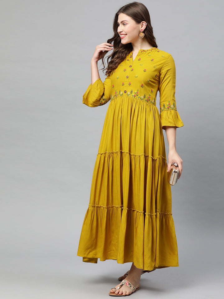 Neerus Women Mustard Yellow Embroidered A-Line Tiered Kurta