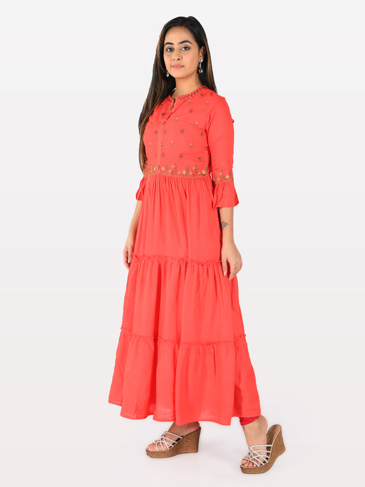Neerus Red Embroidered Flared Kurta