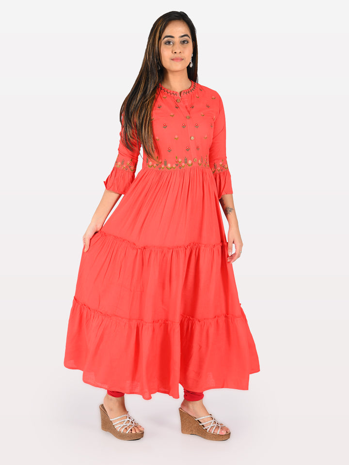 Neerus Red Embroidered Flared Kurta