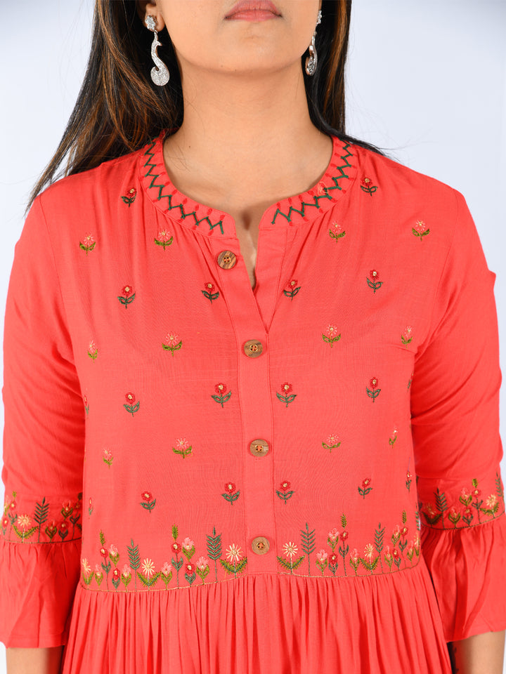Neerus Red Embroidered Flared Kurta