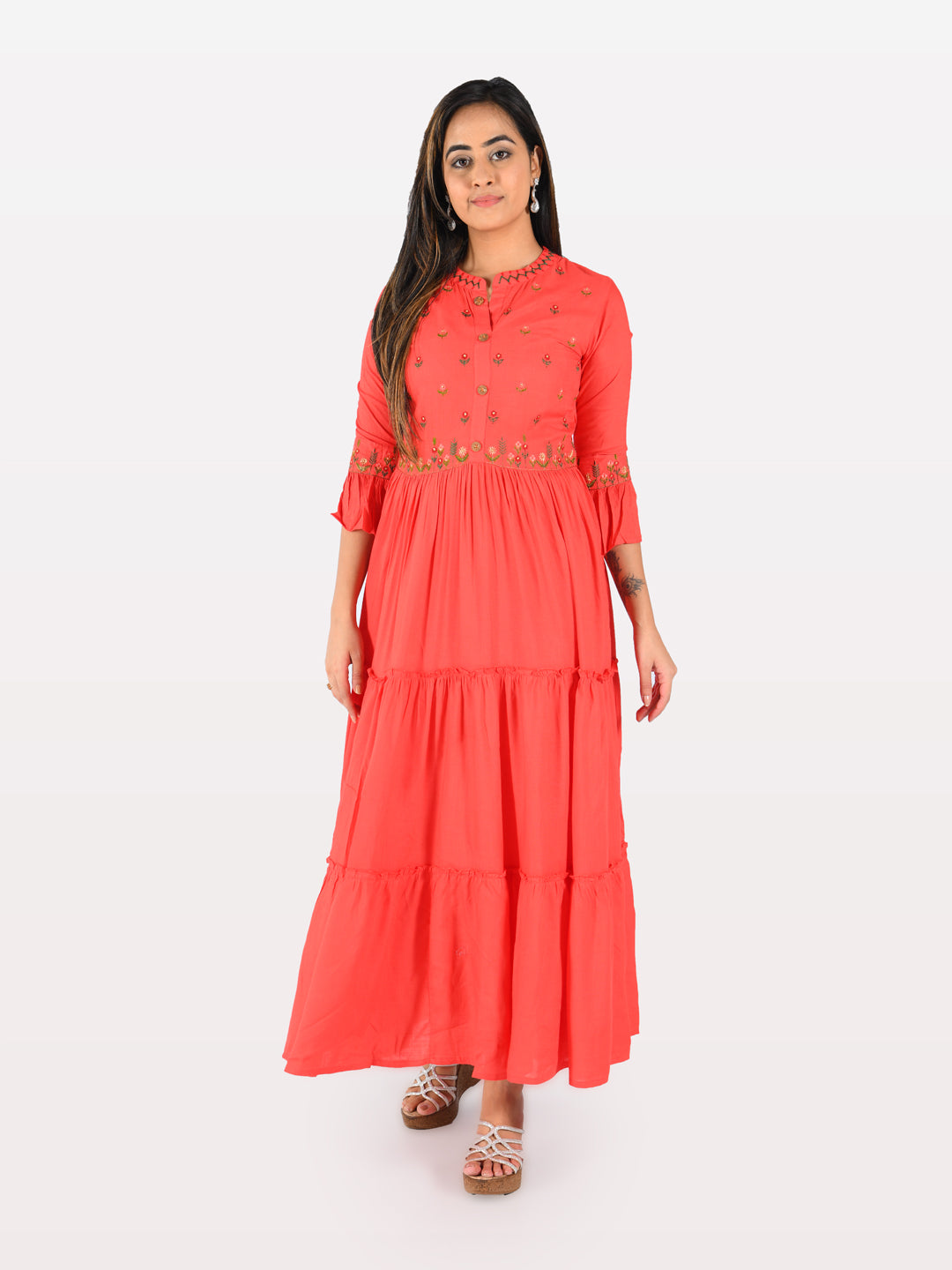Neerus Red Embroidered Flared Kurta