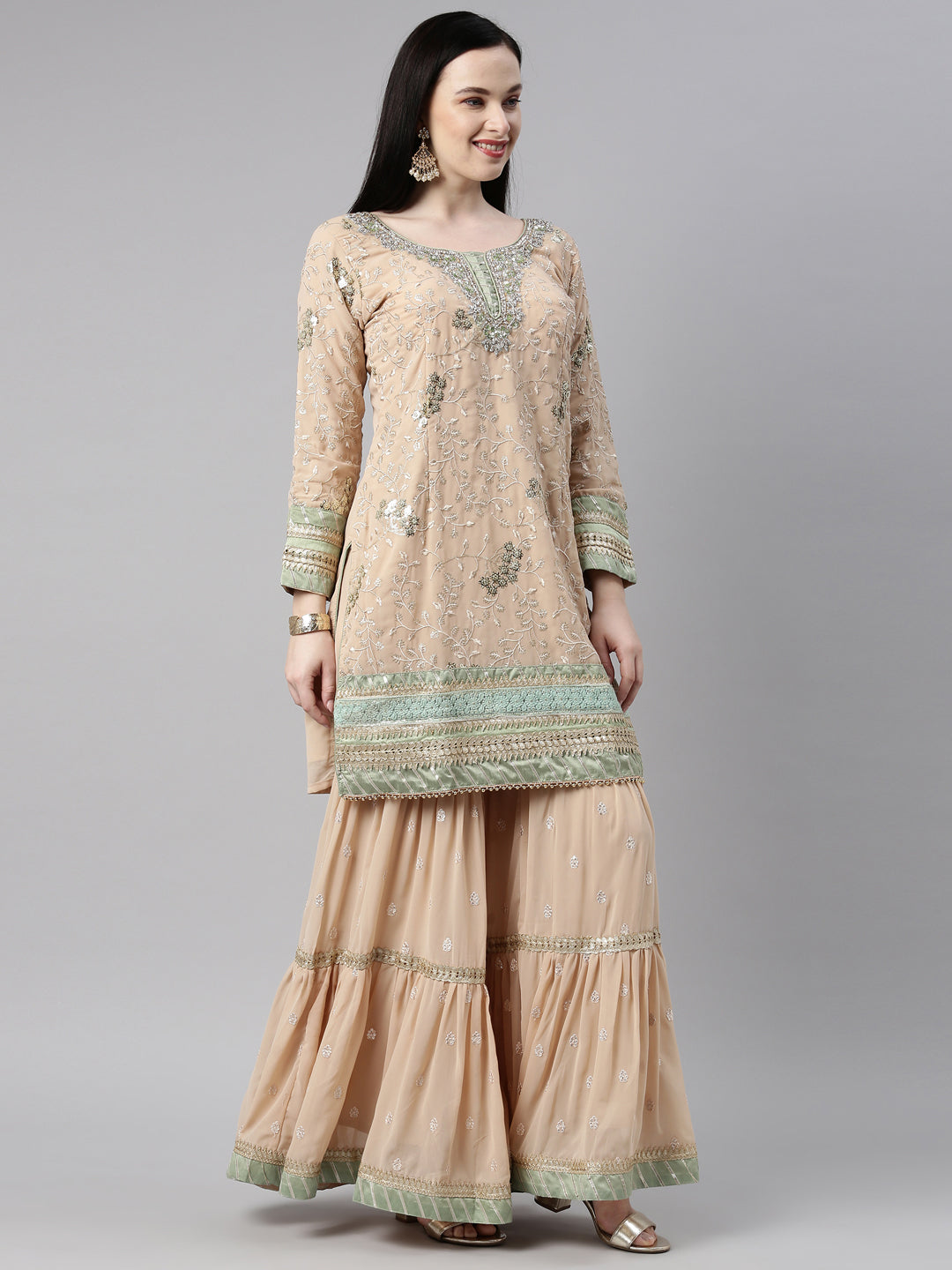 Neerus Pista Color Georgette Fabric Kurta Set