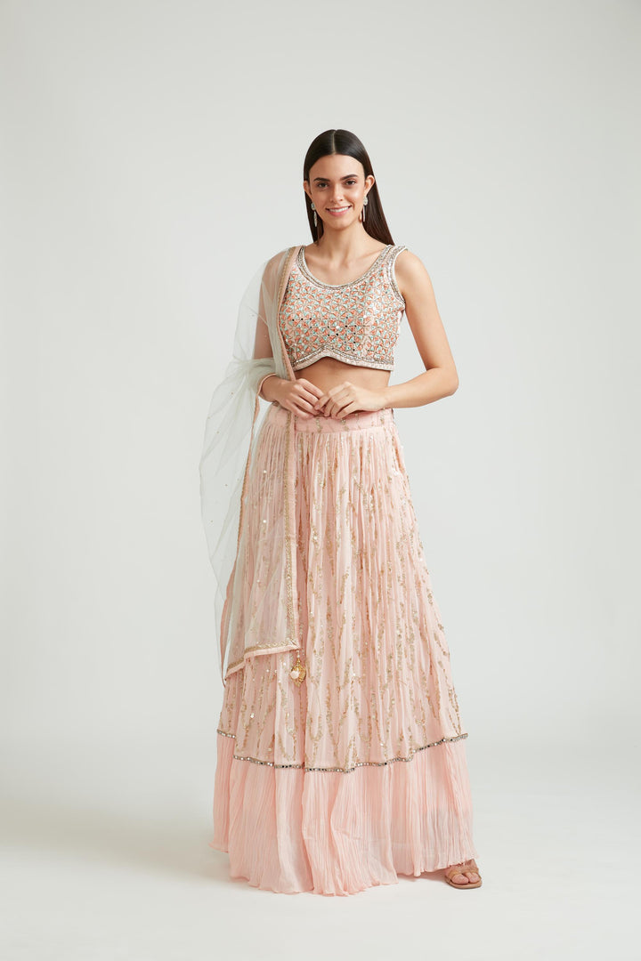 Neerus Orange georgette embellished lehenga choli set - front view