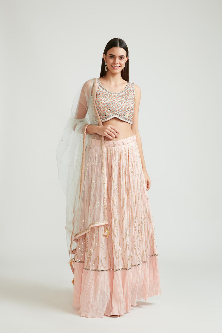 Neerus Orange georgette embellished lehenga choli set - back view