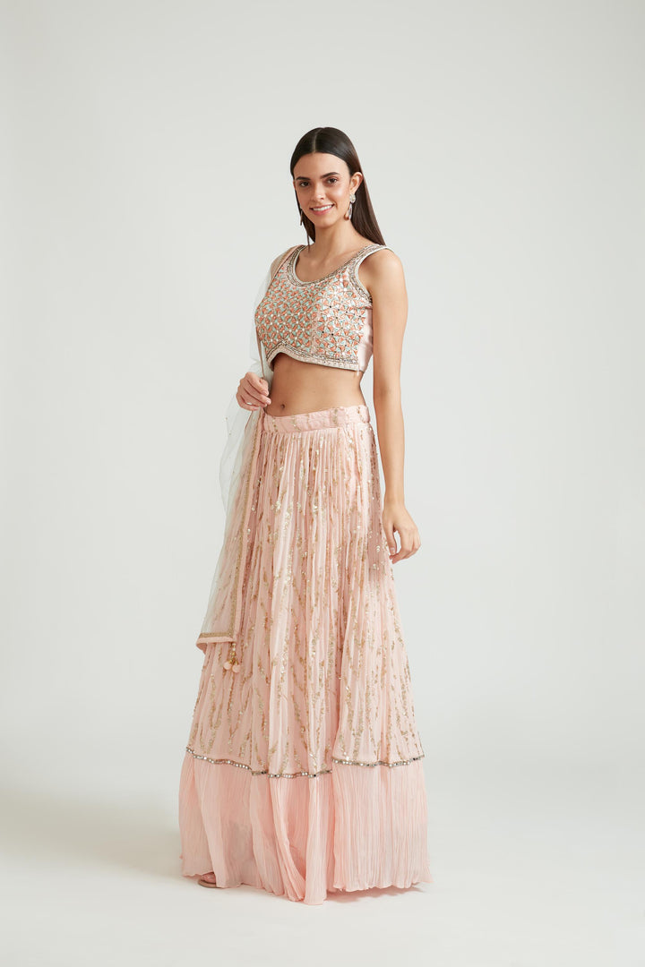 Neerus Orange georgette embellished lehenga choli set - side view