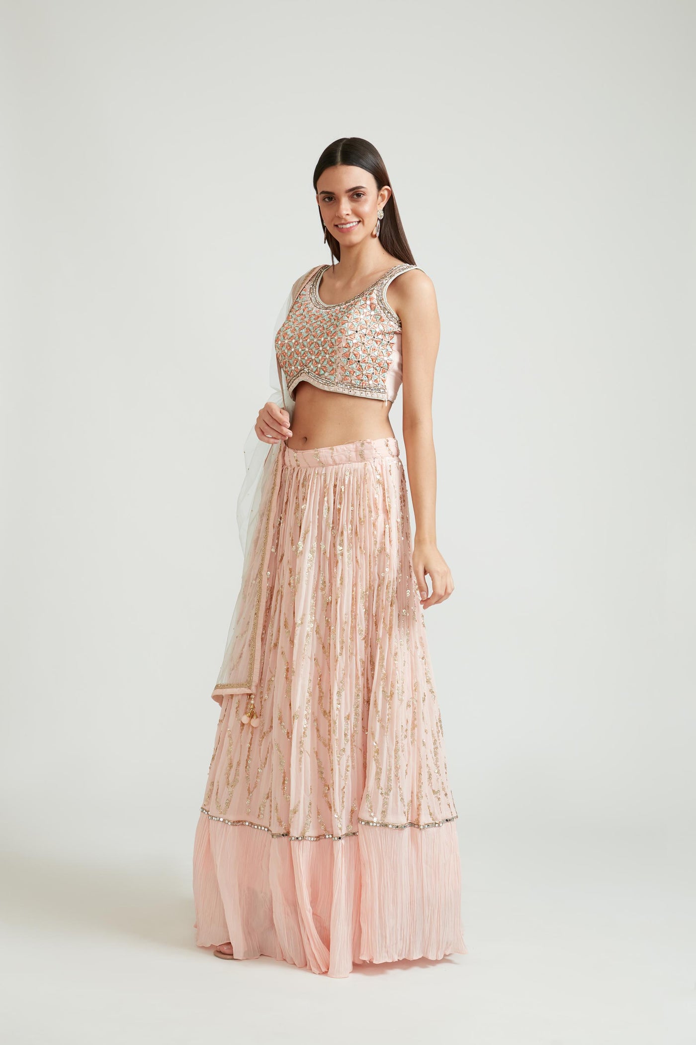 Neerus Peach Color Georgette Fabric Lehenga Choli Set