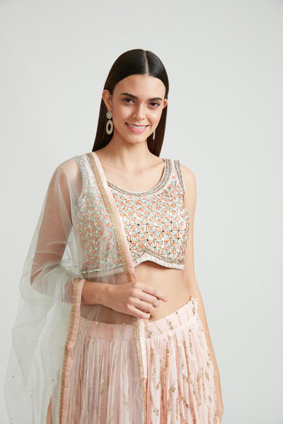 Neerus Peach Color Georgette Fabric Lehenga Choli Set