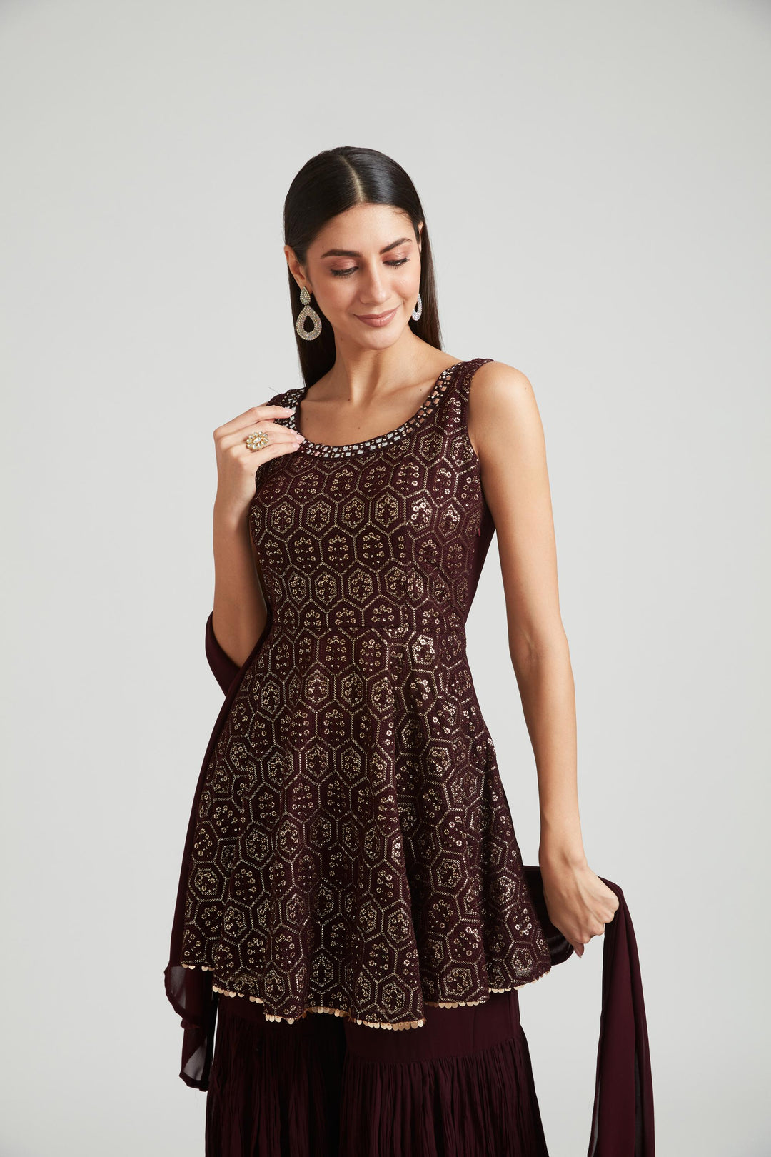 Neerus Brown Color Georgette Fabric Salwar Kameez