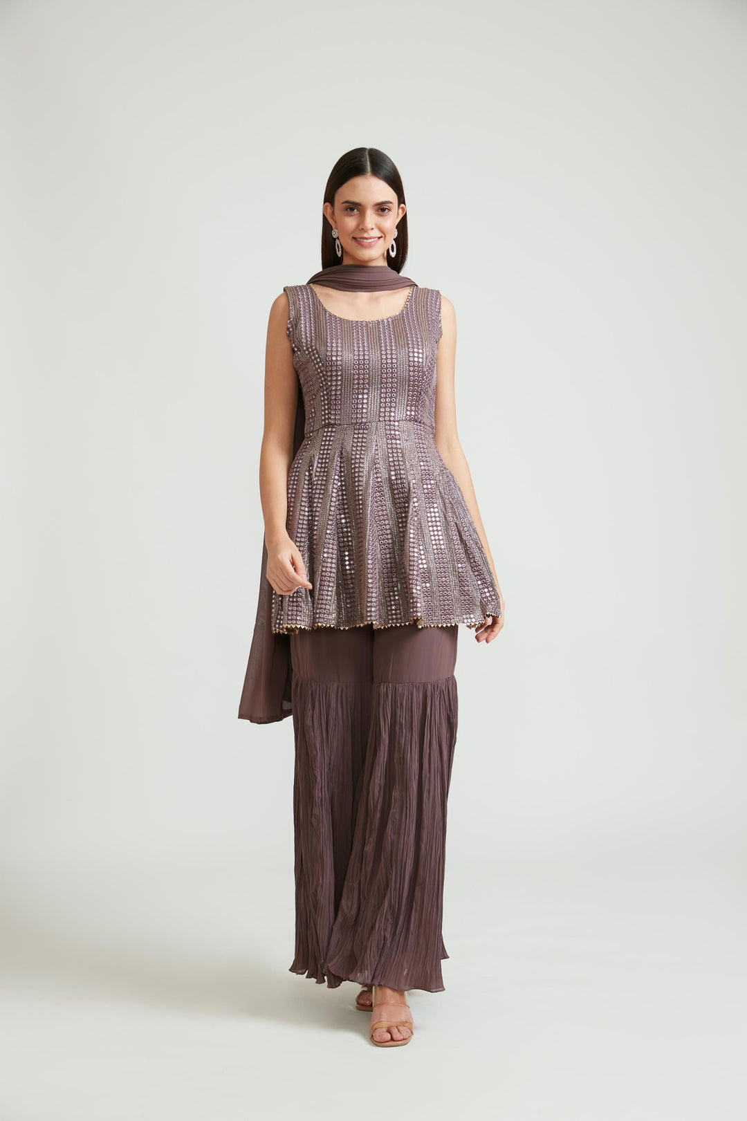 Neerus Purple georgette anarkali suit set - front view