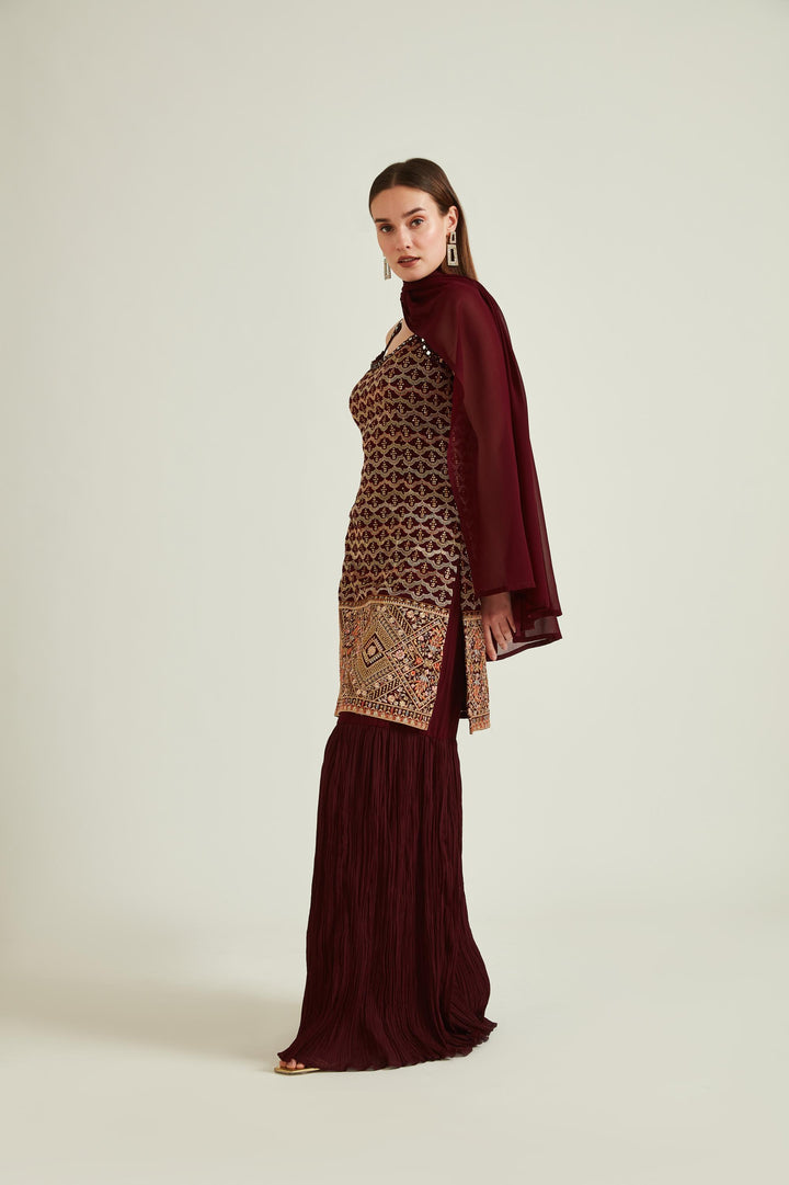 Neerus Maroon Georgette Embroidered Kurta Set - back view