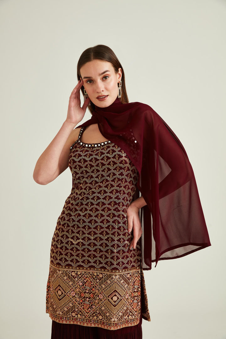 Neerus Maroon Georgette Embroidered Kurta Set - detail view 1