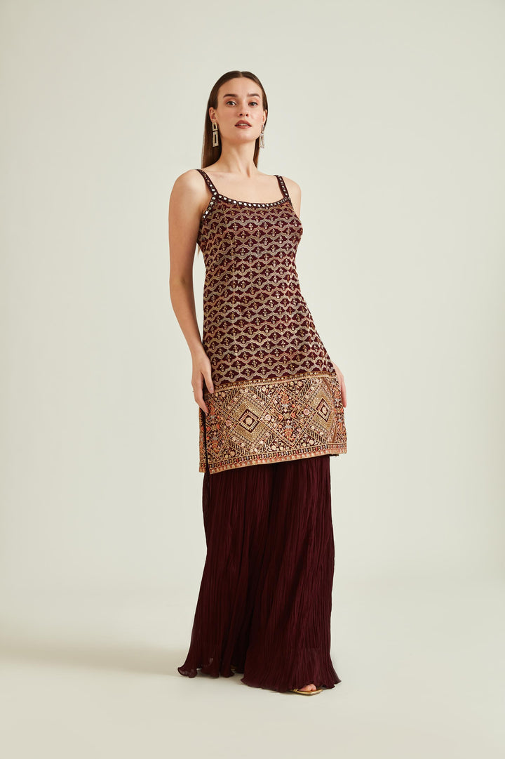 Neerus Maroon Georgette Embroidered Kurta Set - front view