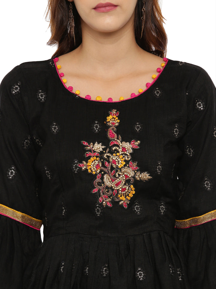 Neerus Black Embellished Kurti With Skirt & Dupatta