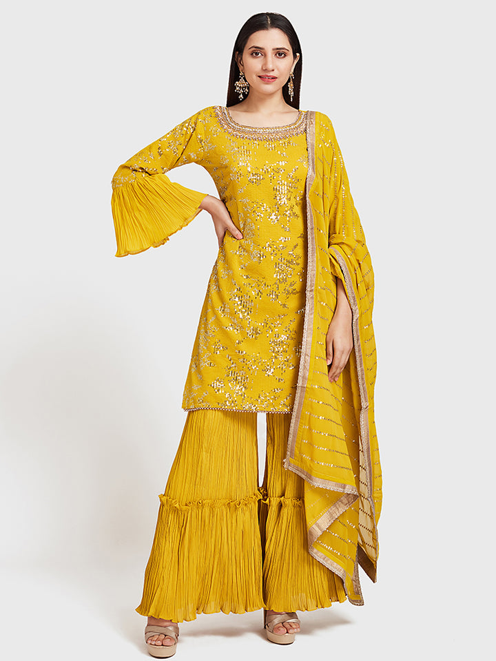 Neerus Yellow Embellished Kurta With Sharara & Dupatta
