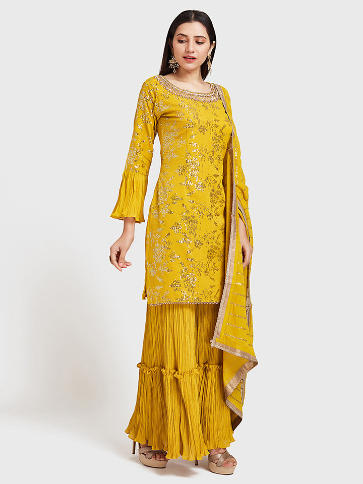 Neerus Yellow Embellished Kurta With Sharara & Dupatta