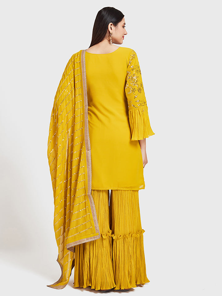 Neerus Yellow Embellished Kurta With Sharara & Dupatta