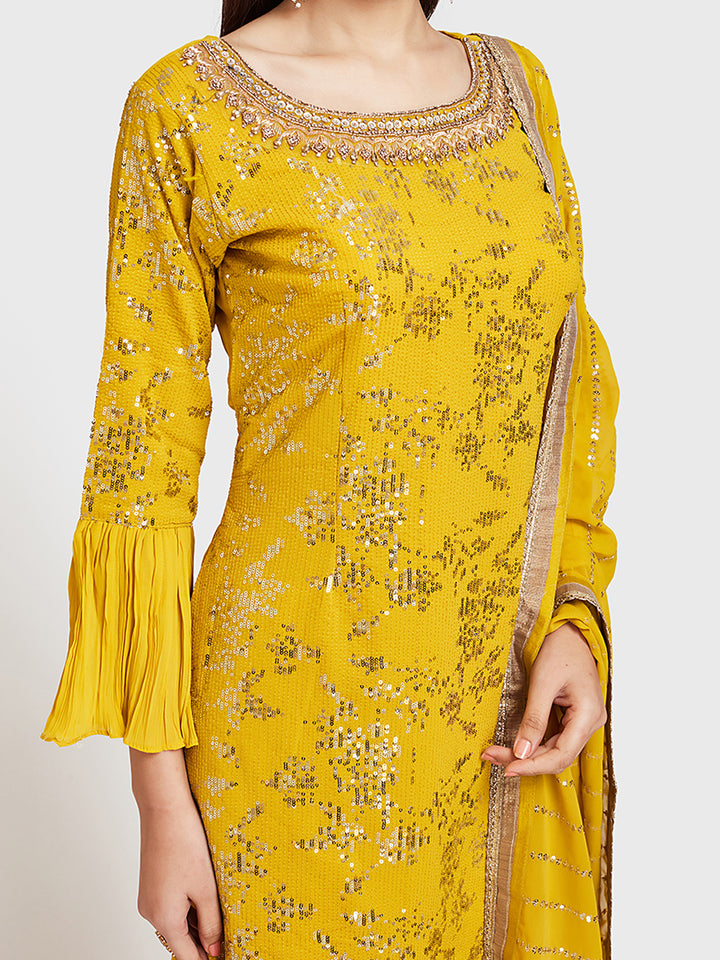 Neerus Yellow Embellished Kurta With Sharara & Dupatta
