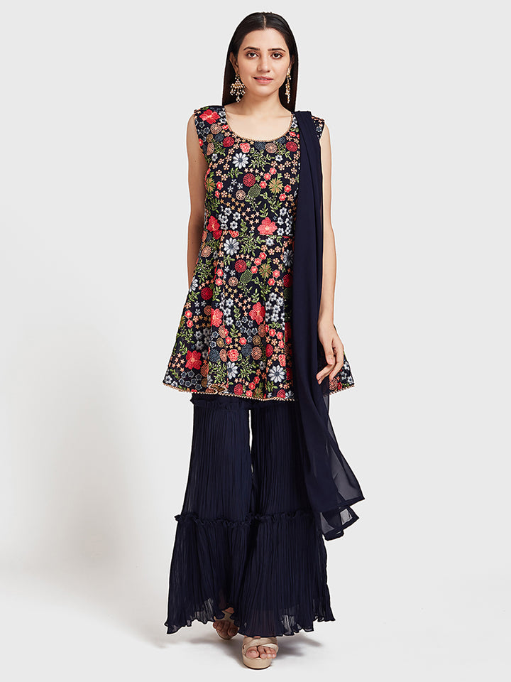 Neerus Navy Embroidered Kurta With Sharara & Dupatta