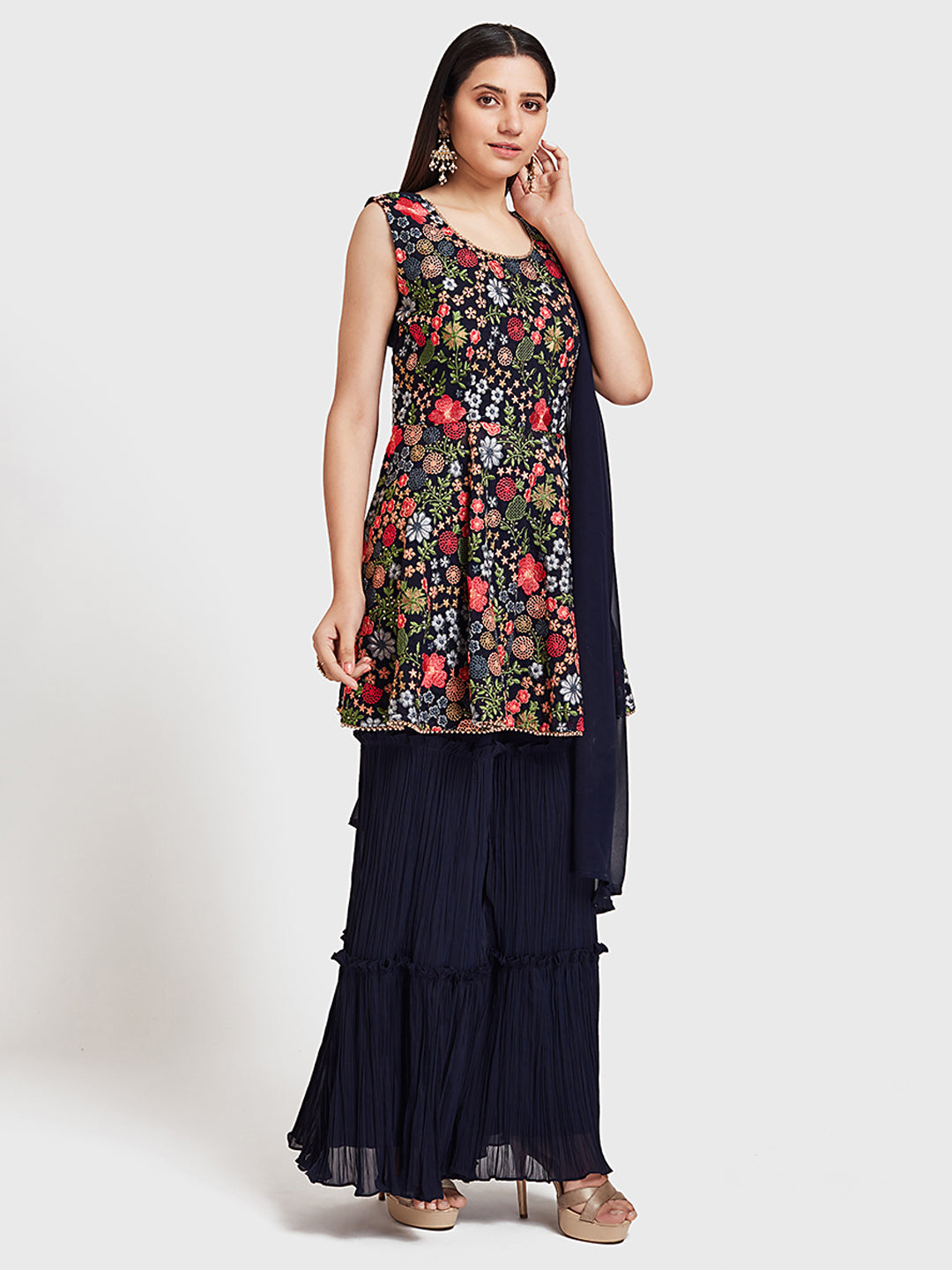 Neerus Navy Embroidered Kurta With Sharara & Dupatta
